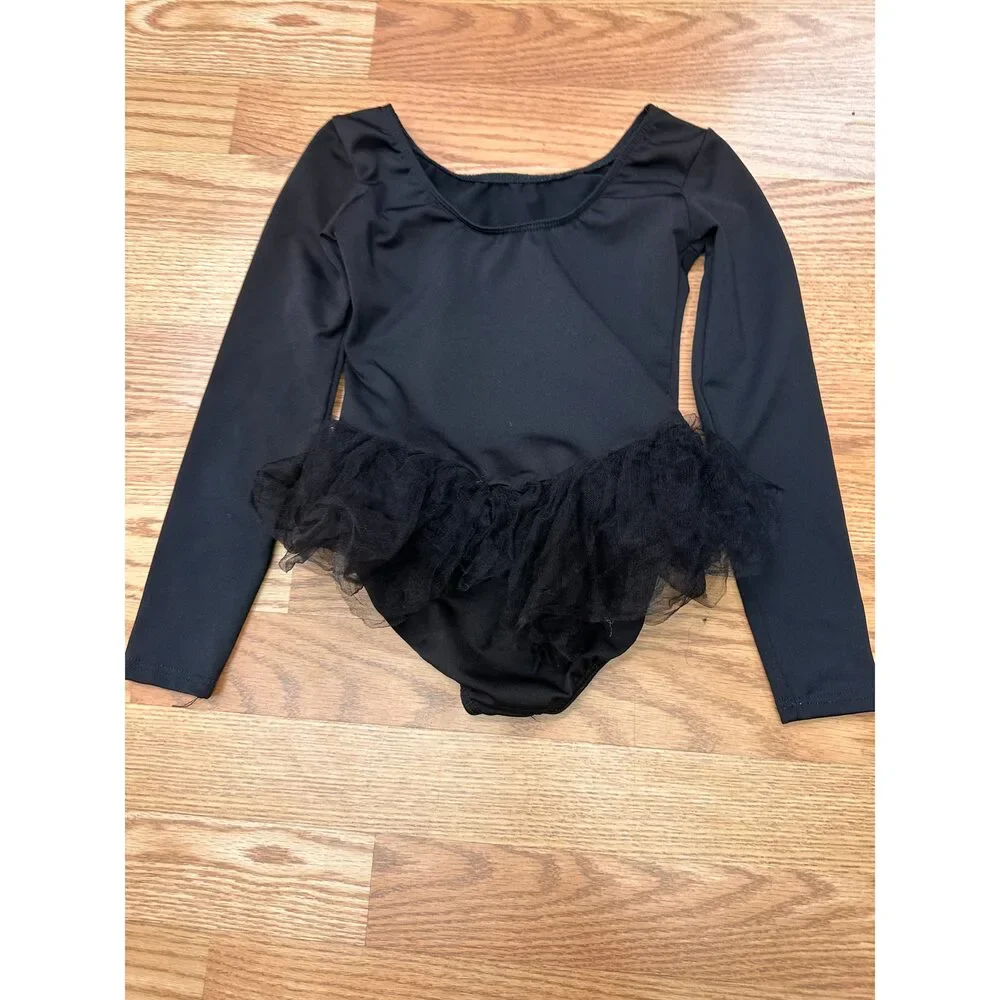 Pre-Owned Dance Leotard Dress Motionwear 6x-7 Child Black Long Sleeve Sparkle B